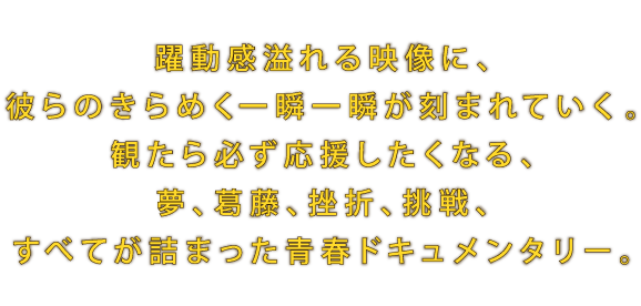 躍動感溢れる映像に、彼らのきらめく一瞬一瞬が刻まれていく。観たら必ず応援したくなる、夢、葛藤、挫折、挑戦、すべてが詰まった青春ドキュメンタリー。