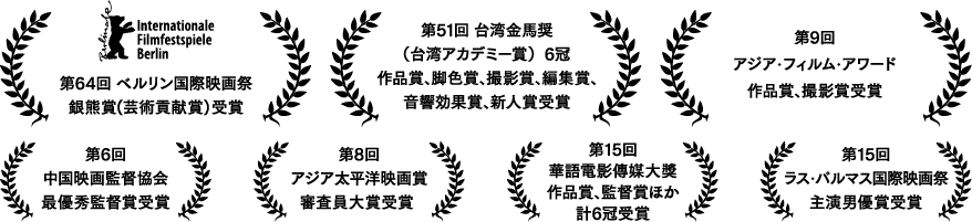 第64回　ベルリン国際映画祭銀熊賞(芸術貢献賞)受賞／第51回　台湾金馬奨（台湾アカデミー賞）6冠　作品賞、脚色賞、撮影賞、編集賞、音響効果賞、新人賞受賞／第9回　アジア・フィルム・アワード　作品賞、撮影賞受賞／第6回　中国映画監督協会 　最優秀監督賞受賞／第8回　アジア太平洋映画賞　審査員大賞受賞／第15回　華語電影傳媒大獎 作品賞、監督賞ほか計6冠受賞／第15回　ラス・パルマス国際映画祭　主演男優賞受賞